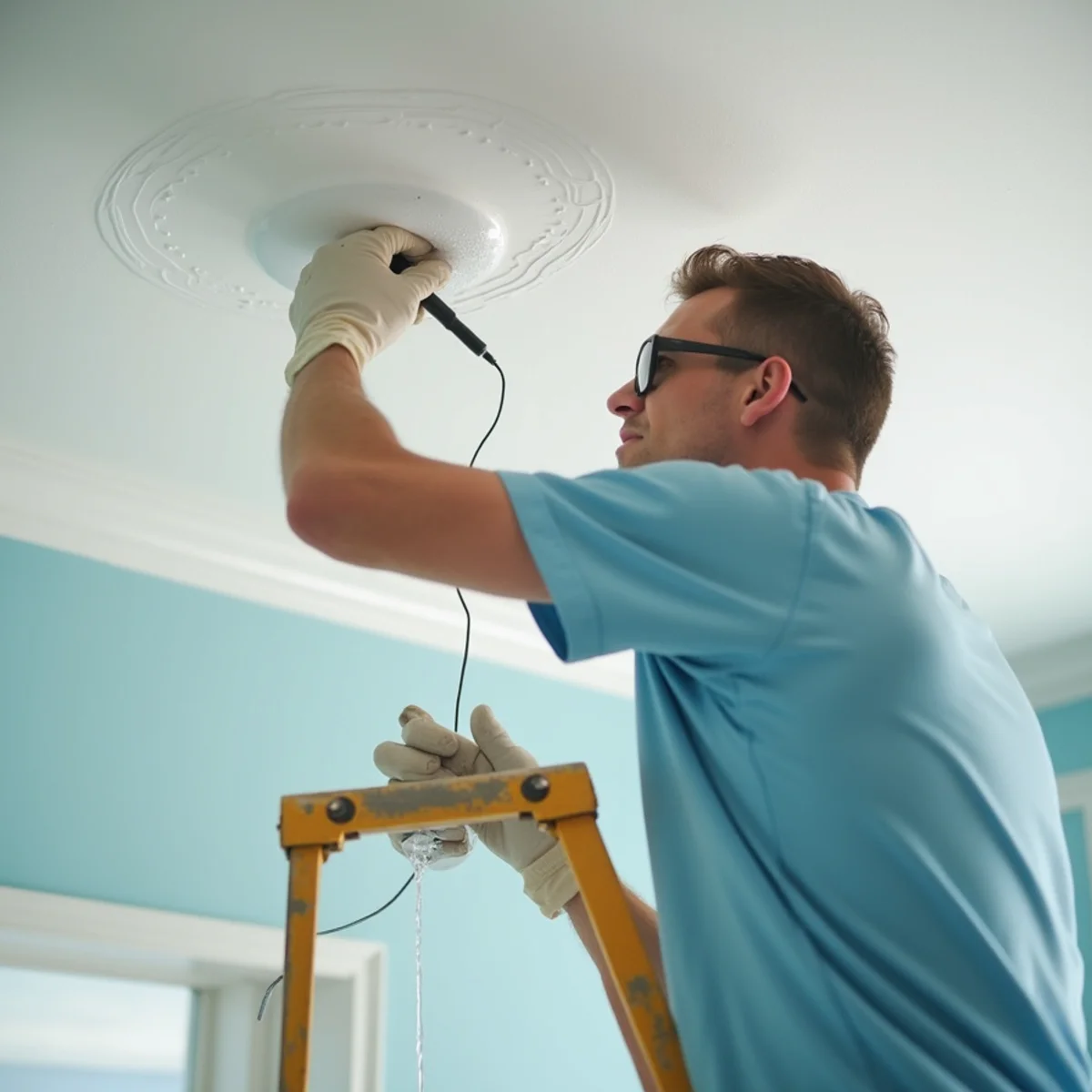 Controlled puncture of ceiling paint water bubble into bucket to prevent collapse
