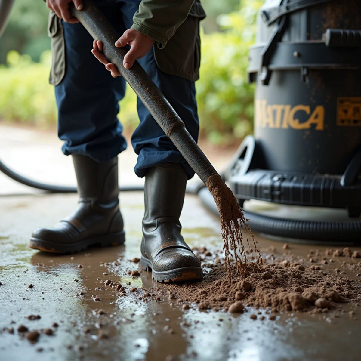 Commercial trash pump removing saltwater mud and storm sediment from Naples garage