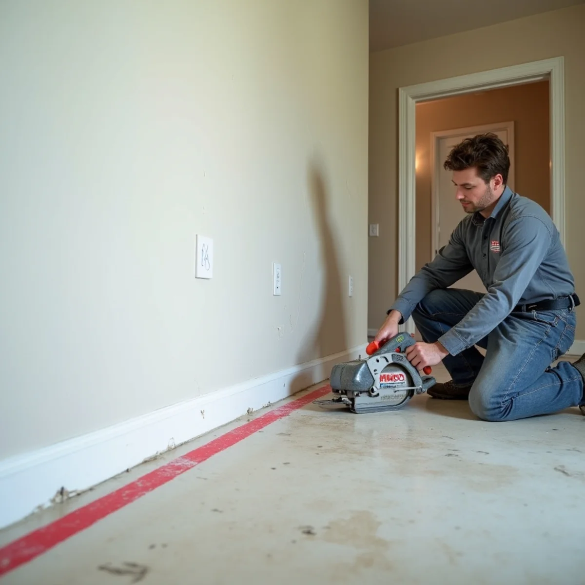 Straight 24-inch chalk-lined flood cut through drywall above storm surge waterline