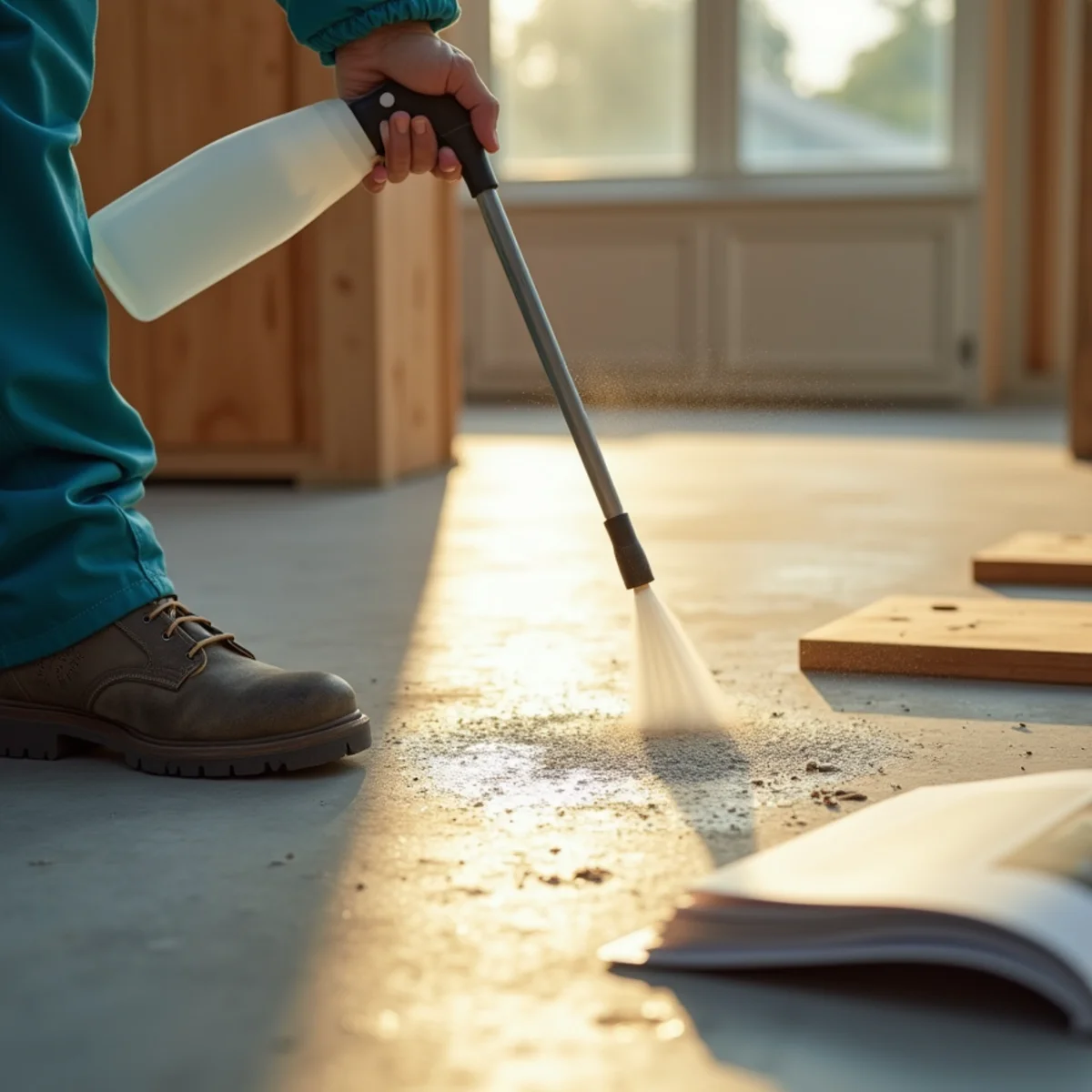 Spraying hospital-grade EPA biocide on exposed wall framing in Naples home