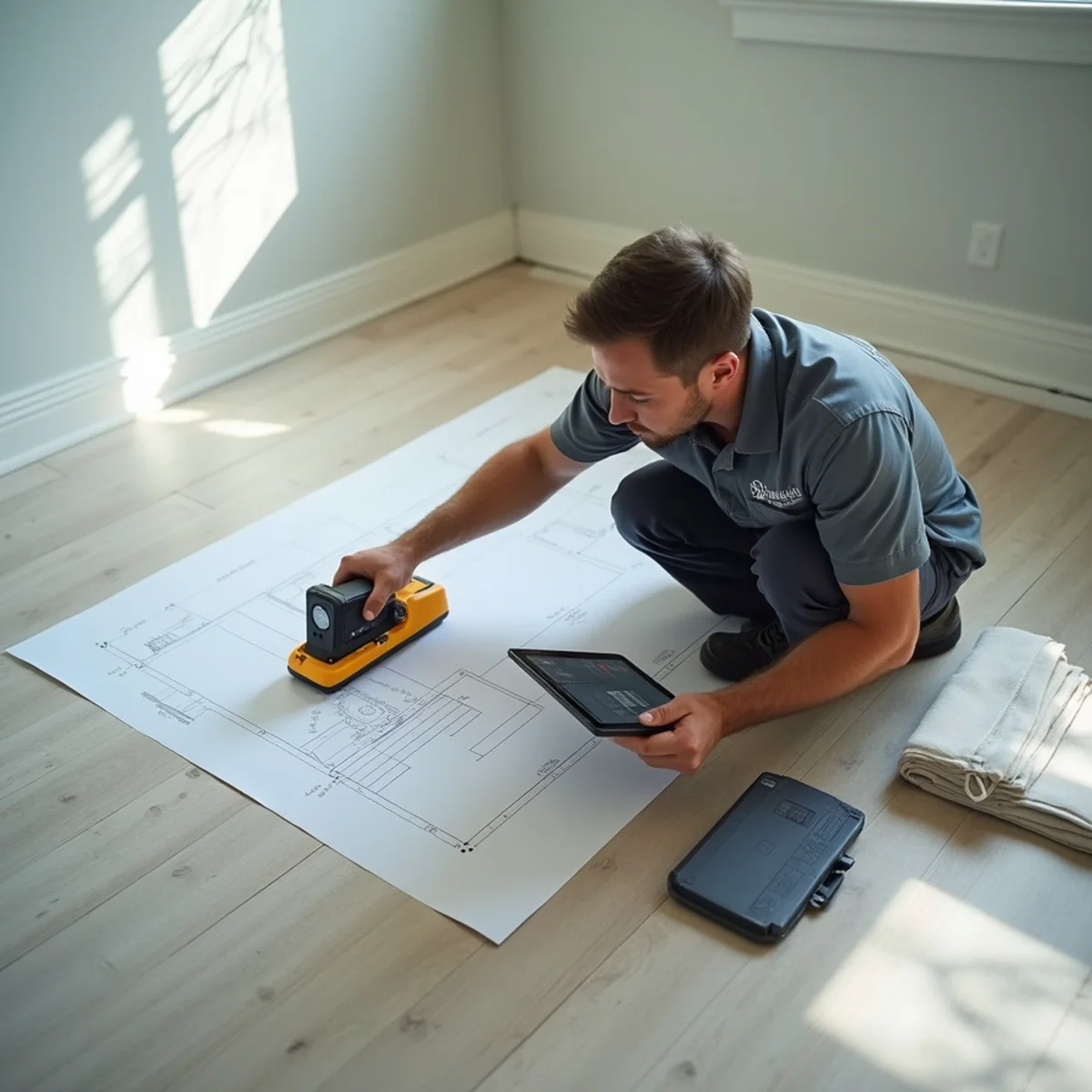 Restoration technician measuring water extraction square footage with laser measure in Naples