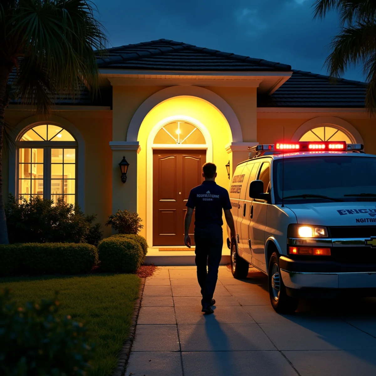 Equipped emergency restoration response vehicle parked outside Naples home at night