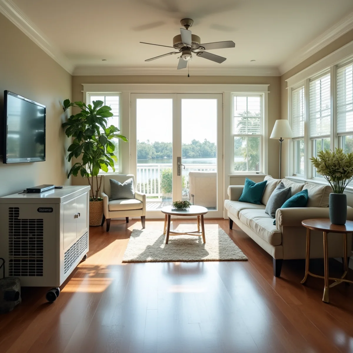Commercial LGR dehumidifier and high-velocity air movers drying concrete slab in Naples FL home